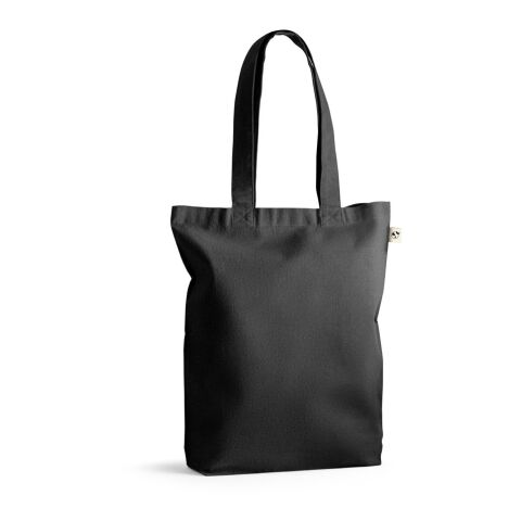 Nachhaltiger Werbeartikel MERIDA. Tragetasche (220 g/ m²) aus Baumwolle (50%), recycelter Baumwolle (30%) und polyester (20% rPET) – Schwarz – mit