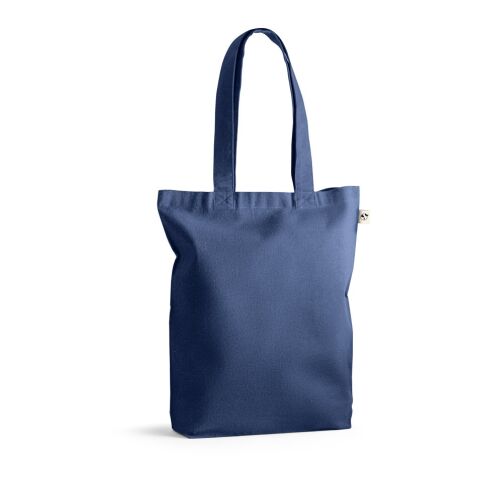 Nachhaltiger Werbeartikel MERIDA. Tragetasche (220 g/ m²) aus Baumwolle (50%), recycelter Baumwolle (30%) und polyester (20% rPET) – Blau – mit Logo