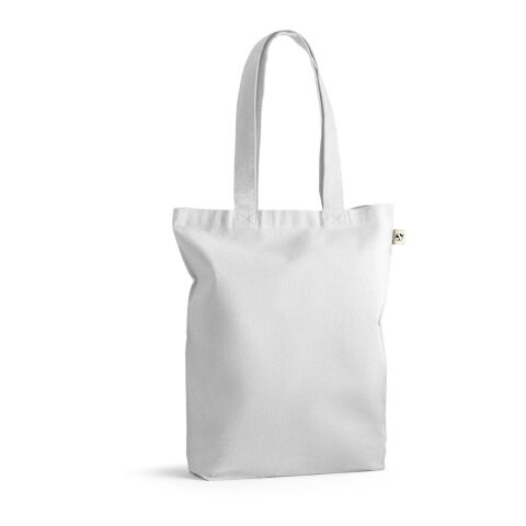Nachhaltiger Werbeartikel MERIDA. Tragetasche (220 g/ m²) aus Baumwolle (50%), recycelter Baumwolle (30%) und polyester (20% rPET) – Weiss – mit Logo