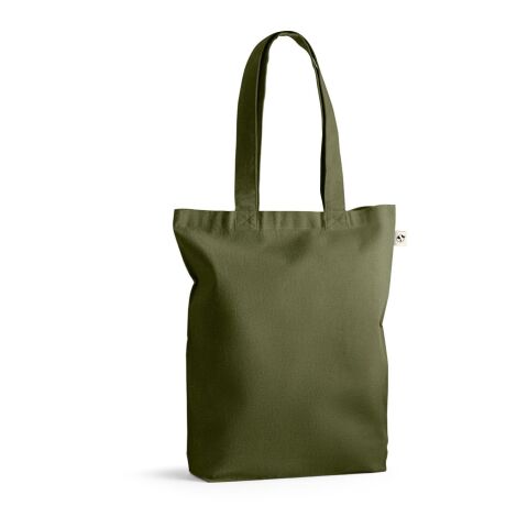 Nachhaltiger Werbeartikel MERIDA. Tragetasche (220 g/ m²) aus Baumwolle (50%), recycelter Baumwolle (30%) und polyester (20% rPET) – Dunkelgrün – mit