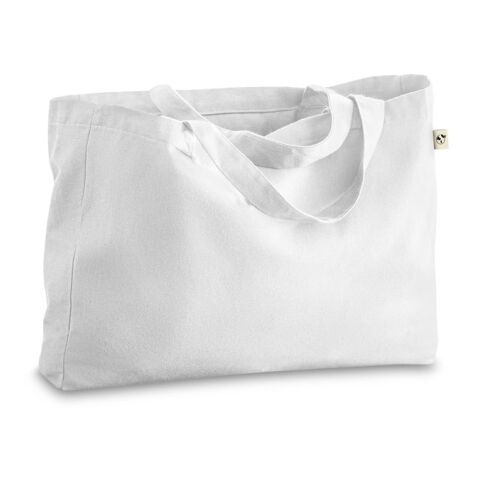 Nachhaltiger Werbeartikel CAMDEN. Tragetasche aus Baumwolle (50%), recycelter Baumwolle (30%) und polyester (20% rPET) (280 g/m²) – Weiss – mit Logo