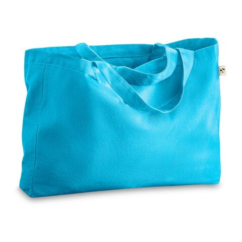 Nachhaltiger Werbeartikel CAMDEN. Tragetasche aus Baumwolle (50%), recycelter Baumwolle (30%) und polyester (20% rPET) (280 g/m²) – Hellblau – mit