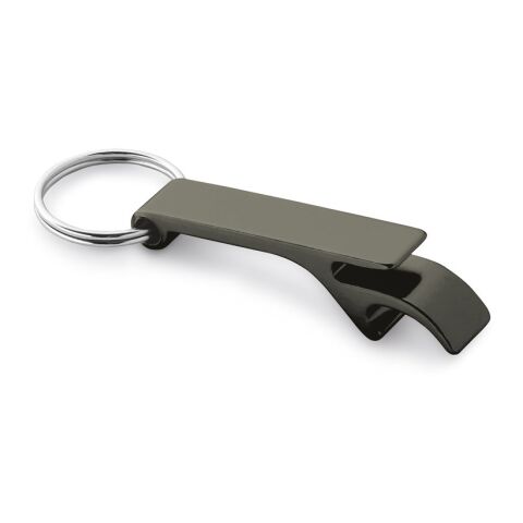 Werbeartikel BAITT. Schlüsselanhänger Aluminium mit Flaschenöffner 60x32x5mm stabiler 25mm Schlüsselring Gunmetal – Gewehrmetall – mit Logo bedruckt