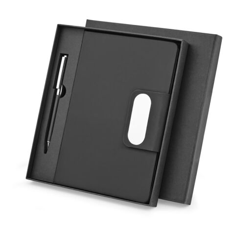 GARRETT. Set bestehend aus 1 Kugelschreiber und 1 Notizblock, aus PU und Edelstahl schwarz