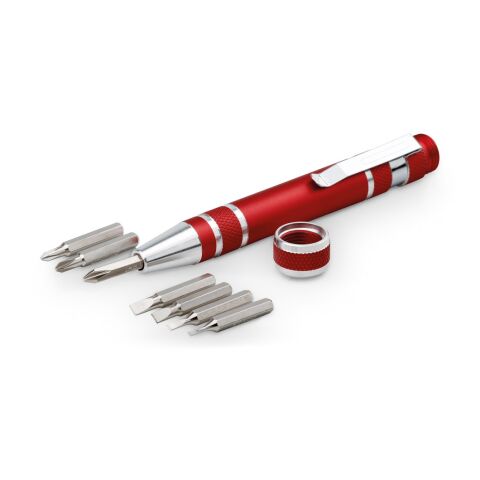 Werbeartikel TOOLPEN. Werkzeug aus Metall – Rot – mit Logo bedruckt