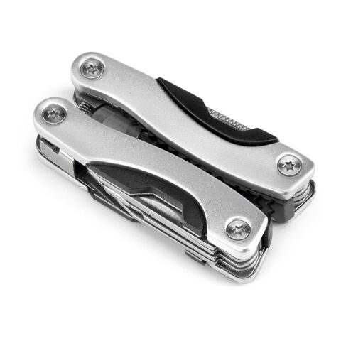 Werbeartikel DUNITO. Multifunktionswerkzeug aus Edelstahl und Aluminium – Satinsilber – mit Logo bedruckt