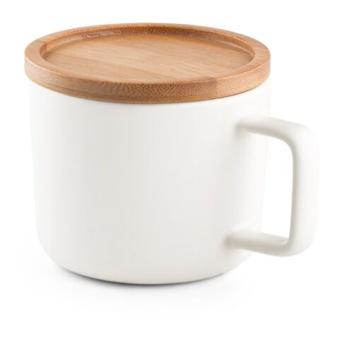 Werbeartikel FANGIO. Tasse aus Keramik 220 ml mit Deckel aus Bambus, der als Untersetzer dient – Weiss – mit Logo bedruckt