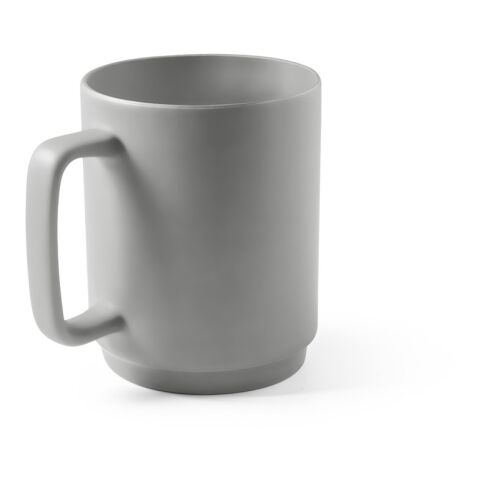 Werbeartikel MIGHTY. 330 ml Coffee-to-go Kaffeebecher aus Keramik mit hitzebeständiger Silikonhülle & PP-Deckel – Grau – mit Logo bedruckt