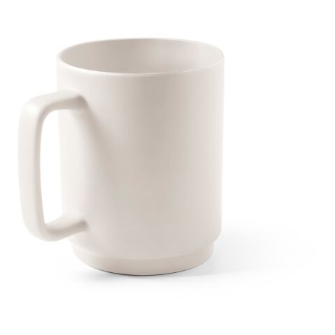 Werbeartikel MIGHTY. 330 ml Coffee-to-go Kaffeebecher aus Keramik mit hitzebeständiger Silikonhülle & PP-Deckel – Pastellweiss – mit Logo bedruckt