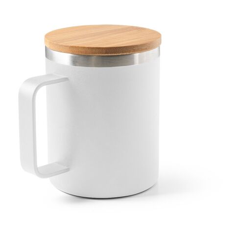 Werbeartikel 420 ml LAUDA Kaffeebecher aus 90% Recycling-Edelstahl, doppelwandig mit Bambusdeckel & Kraftkarton – Weiss – mit Logo bedruckt