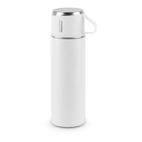Nachhaltiger Werbeartikel Comaneci 490ml Edelstahlflasche 90% recycelt doppelwandig matt mit 140ml Becher-Deckel – Weiss – mit Logo bedruckt