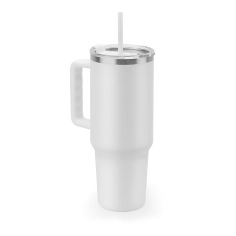 Werbeartikel JOYNER XL. Grosser Reisebecher aus Edelstahl (91 % recycelt) mit vakuumisolierter Doppelwand und matter Oberfläche 1300 ml – Weiss – mit