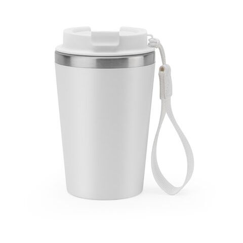 Werbeartikel SPITZ. Reisebecher aus Edelstahl (90 % recycelt) und Aussenwand aus PP mit matter Oberfläche 440 ml – Weiss – mit Logo bedruckt