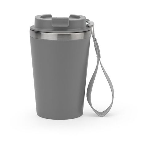 Werbeartikel SPITZ. Reisebecher aus Edelstahl (90 % recycelt) und Aussenwand aus PP mit matter Oberfläche 440 ml – Grau – mit Logo bedruckt
