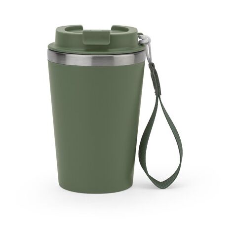 Werbeartikel SPITZ. Reisebecher aus Edelstahl (90 % recycelt) und Aussenwand aus PP mit matter Oberfläche 440 ml – Khaki – mit Logo bedruckt