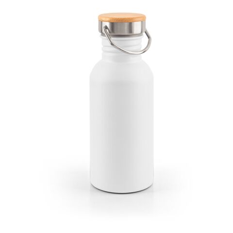 Nachhaltiger Werbeartikel EWING. Edelstahlflasche (90 % recycelt) mit einwandiger Ausführung – Weiss – mit Logo bedruckt