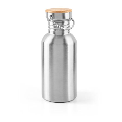 Nachhaltiger Werbeartikel EWING. Edelstahlflasche (90 % recycelt) mit einwandiger Ausführung – Satinsilber – mit Logo bedruckt