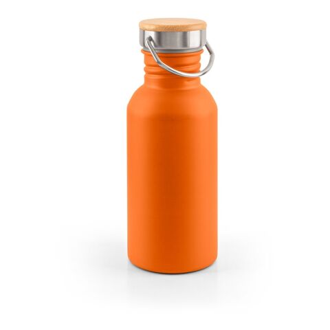 Nachhaltiger Werbeartikel EWING. Edelstahlflasche (90 % recycelt) mit einwandiger Ausführung – Orange – mit Logo bedruckt
