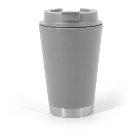 Werbeartikel FIGLIOLI. Doppelwandiger, auslaufsicherer Reisebecher aus PP – Grau – mit Logo bedruckt