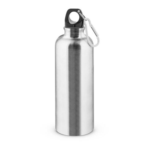 Werbeartikel KELCE. Edelstahlflasche mit einwandiger Ausführung und Karabiner, 550 ml – Satinsilber – mit Logo bedruckt