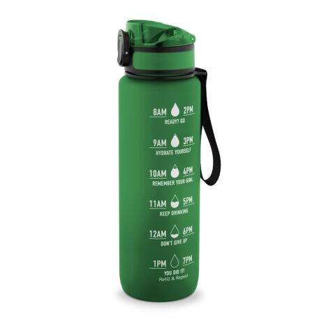 ERIKSSON. Flasche aus recyceltem PET (100 % rPET) mit motivierenden Sprüchen und Zeitmarkierungen, die zum Wassertrinken anregen Grün