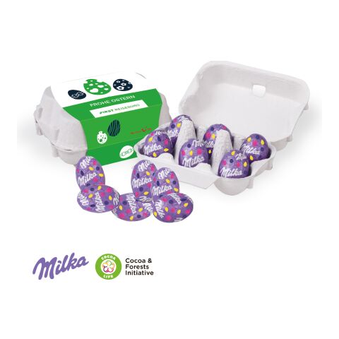 Nachhaltiger Werbeartikel Schoko-Eier 6er Set – bunt – mit Logo bedruckt