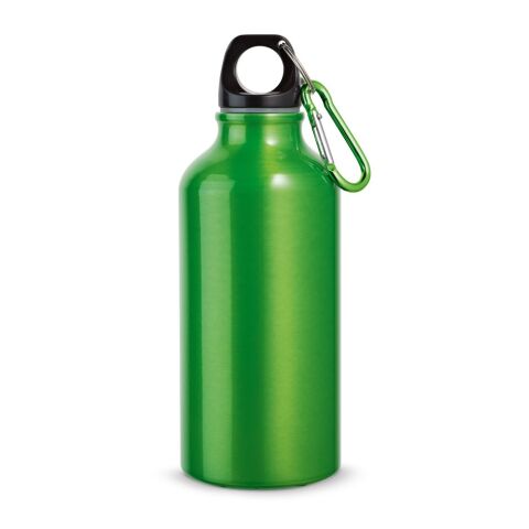 Werbeartikel Aluminium Sport Trinkflasche 400 ml Landscape Karabiner BPA-frei leicht – Hellgrün – mit Logo bedruckt