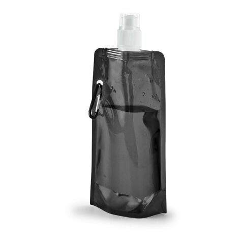 Werbeartikel KWILL Faltflasche 460ml faltbare Trinkflasche PE mit Karabiner & Push-Pull-Verschluss platzsparend – Schwarz – mit Logo bedruckt