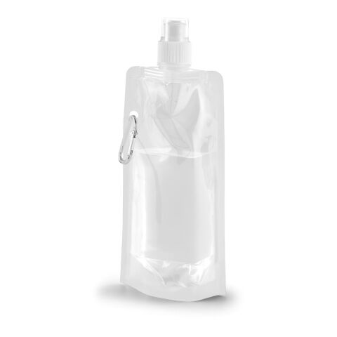Werbeartikel KWILL Faltflasche 460ml faltbare Trinkflasche PE mit Karabiner & Push-Pull-Verschluss platzsparend – Weiss – mit Logo bedruckt