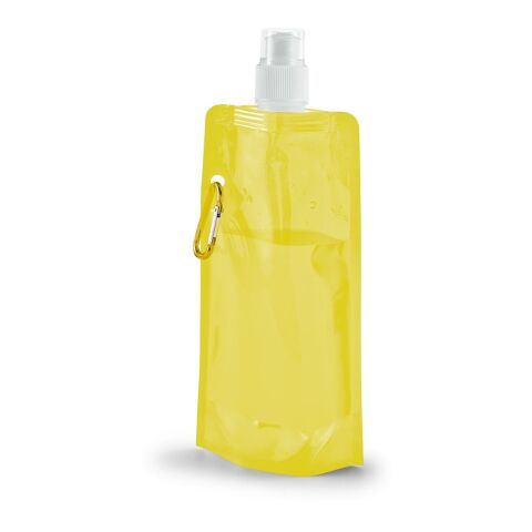 Werbeartikel KWILL Faltflasche 460ml faltbare Trinkflasche PE mit Karabiner & Push-Pull-Verschluss platzsparend – Gelb – mit Logo bedruckt