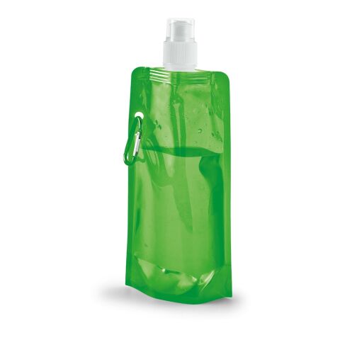 Werbeartikel KWILL Faltflasche 460ml faltbare Trinkflasche PE mit Karabiner & Push-Pull-Verschluss platzsparend – Grün – mit Logo bedruckt