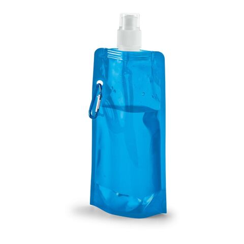 Werbeartikel KWILL Faltflasche 460ml faltbare Trinkflasche PE mit Karabiner & Push-Pull-Verschluss platzsparend – Hellblau – mit Logo bedruckt