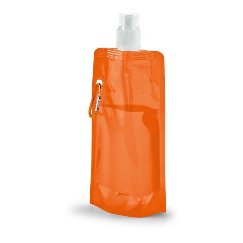 Werbeartikel KWILL Faltflasche 460ml faltbare Trinkflasche PE mit Karabiner & Push-Pull-Verschluss platzsparend – Orange – mit Logo bedruckt