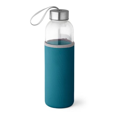 Werbeartikel RAISE. 520 ml Glas-Sportflasche mit Softshell-Hülle & Edelstahl-Deckel inkl. Trageschlaufe – Blau – mit Logo bedruckt