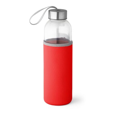 Werbeartikel RAISE. 520 ml Glas-Sportflasche mit Softshell-Hülle & Edelstahl-Deckel inkl. Trageschlaufe – Rot – mit Logo bedruckt