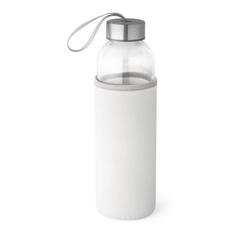 Werbeartikel RAISE. 520 ml Glas-Sportflasche mit Softshell-Hülle & Edelstahl-Deckel inkl. Trageschlaufe – Weiss – mit Logo bedruckt