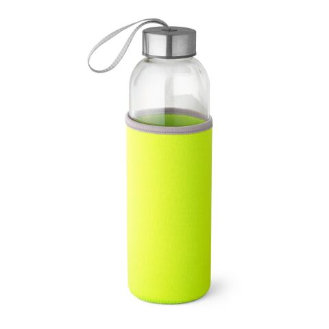 Werbeartikel RAISE. 520 ml Glas-Sportflasche mit Softshell-Hülle & Edelstahl-Deckel inkl. Trageschlaufe – Hellgrün – mit Logo bedruckt