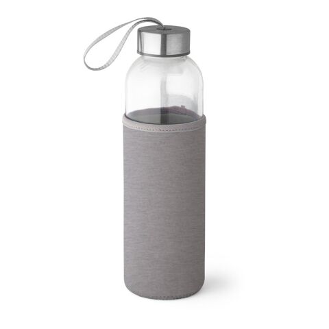 Werbeartikel RAISE. 520 ml Glas-Sportflasche mit Softshell-Hülle & Edelstahl-Deckel inkl. Trageschlaufe – Hellgrau – mit Logo bedruckt