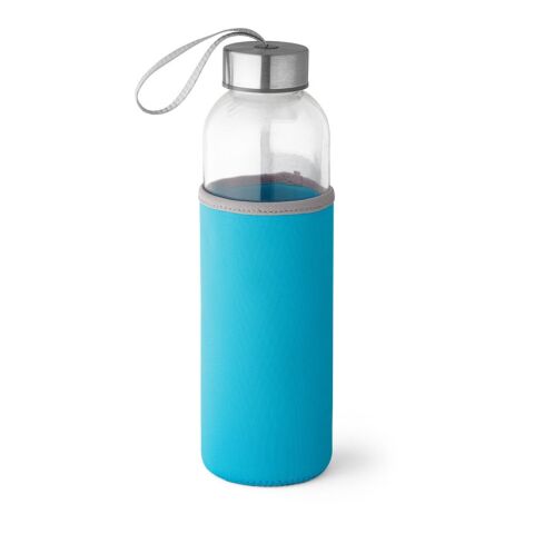Werbeartikel RAISE. 520 ml Glas-Sportflasche mit Softshell-Hülle & Edelstahl-Deckel inkl. Trageschlaufe – Hellblau – mit Logo bedruckt