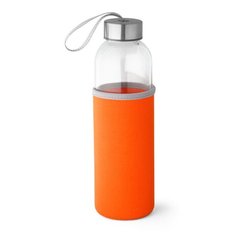 Werbeartikel RAISE. 520 ml Glas-Sportflasche mit Softshell-Hülle & Edelstahl-Deckel inkl. Trageschlaufe – Orange – mit Logo bedruckt