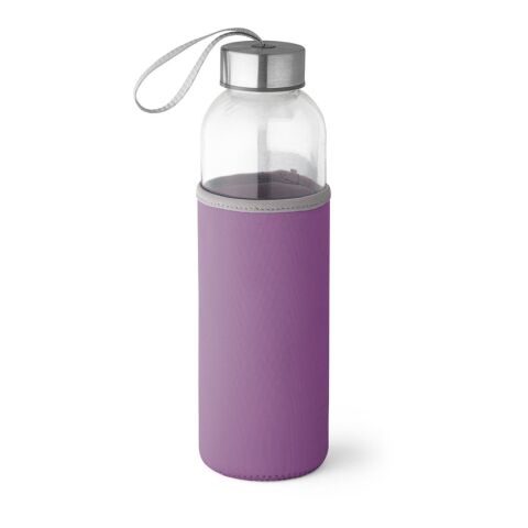 Werbeartikel RAISE. 520 ml Glas-Sportflasche mit Softshell-Hülle & Edelstahl-Deckel inkl. Trageschlaufe – Violett – mit Logo bedruckt