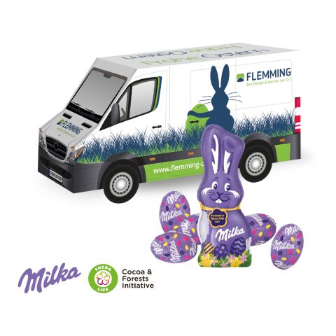 Werbeartikel 3D Präsent "Transporter" Ostern mit Lindt Schokoladenmischung – bunt – mit Logo bedruckt