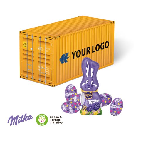 Werbeartikel 3D Präsent "Container" Ostern mit Lindt Schokoladenmischung – bunt – mit Logo bedruckt