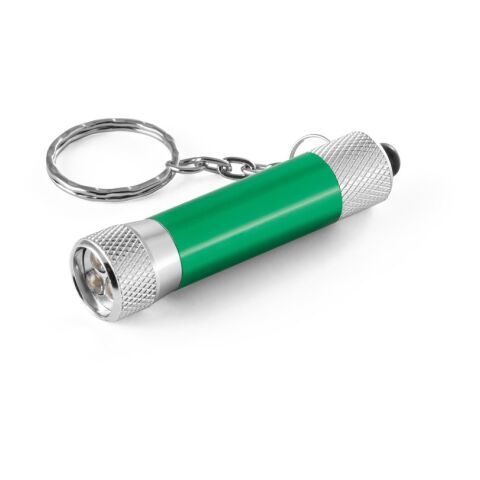 Werbeartikel RE-LERGAN. Schlüsselanhänger aus Aluminium (92% recycelt) mit 3-Licht-LED-Taschenlampe – Grün – mit Logo bedruckt