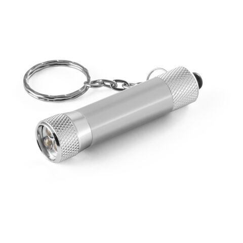 Werbeartikel RE-LERGAN. Schlüsselanhänger aus Aluminium (92% recycelt) mit 3-Licht-LED-Taschenlampe – Satinsilber – mit Logo bedruckt