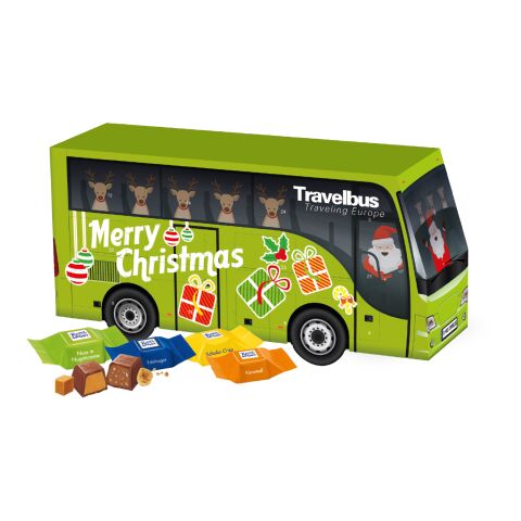 Werbeartikel 3D Adventskalender "Bus" mit Lindt Schokolade – bunt – mit Logo bedruckt