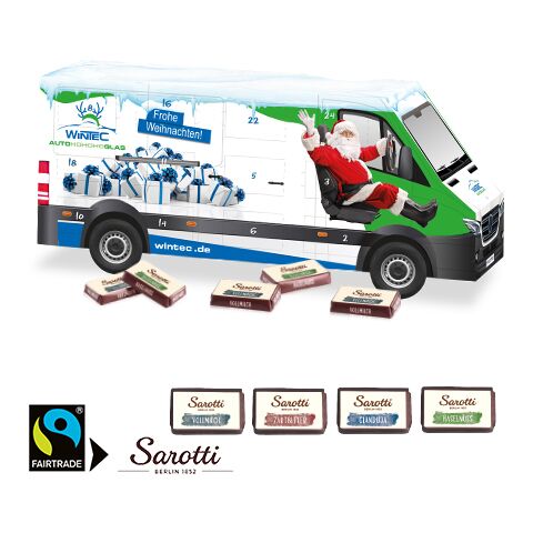 3D Adventskalender &quot;Transporter&quot; Mit Lindt Schokolade bunt | 4C Digital-/Offsetdruck | Sarotti Fairtrade®
