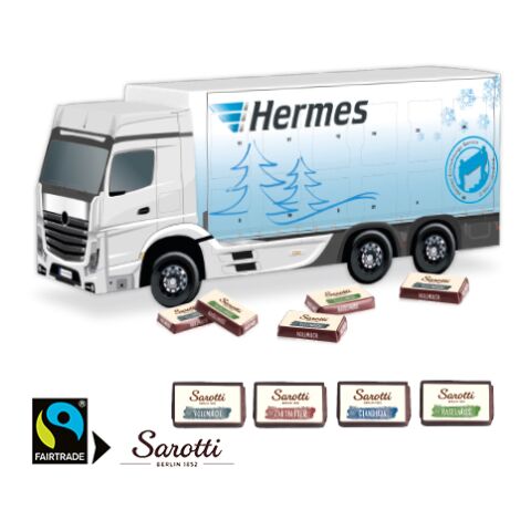 3D Adventskalender &quot;Lkw&quot; Mit Lindt Schokolade bunt | 4C Digital-/Offsetdruck | Sarotti Fairtrade®