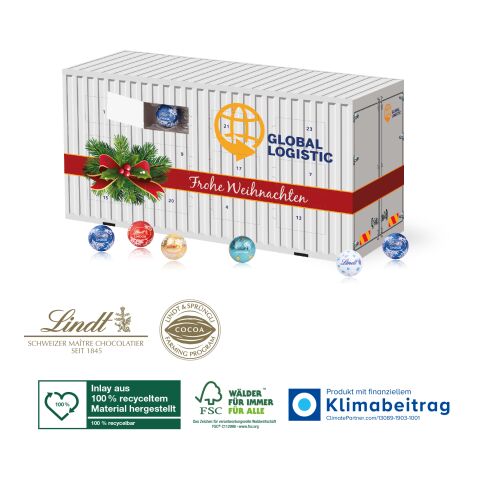 5D Adventskalender Container mit Lindt Lindor, Klimaneutral, FSC®, Inlay aus 100% recyceltem Material ohne Werbeanbringung | Recycling-Material