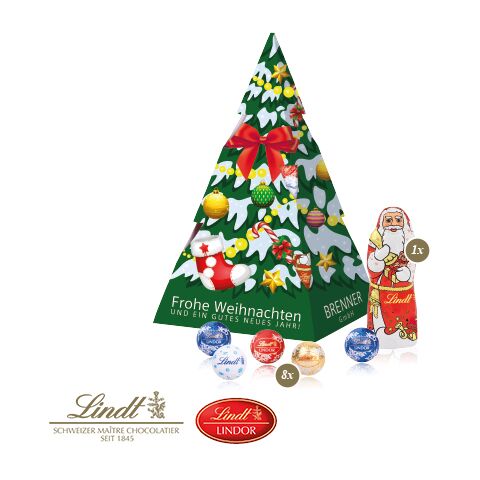 Präsent &quot;Weihnachtsbaum&quot; Mit Lindt Minis Und Nikolaus bunt | 4C Digital-/Offsetdruck